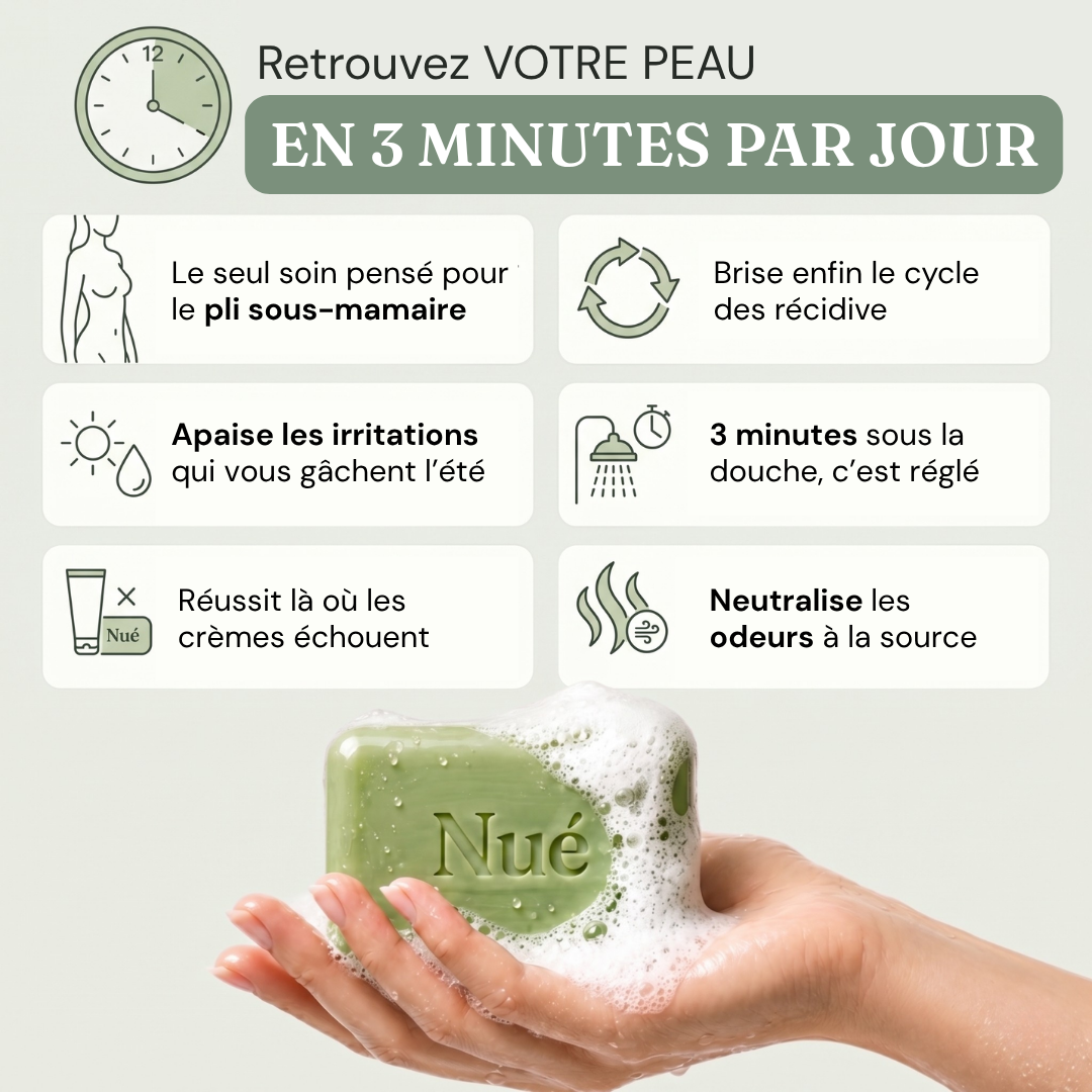 Nué® — Le premier savon spécifiquement conçu pour le pli sous la poitrine.